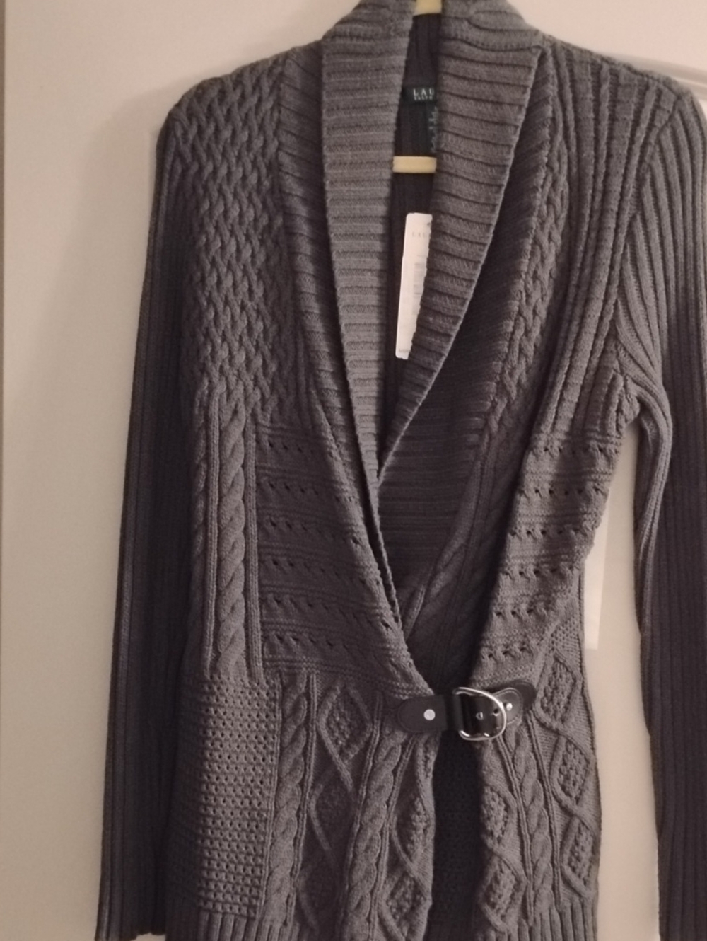 Lauren Ralph Lauren Dark Gray Cable-Knit Shawl Collar Cardigan